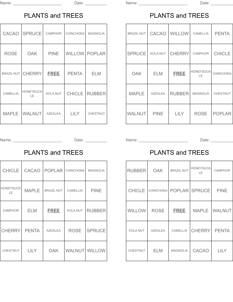 PLANTS and TREES Bingo Cards