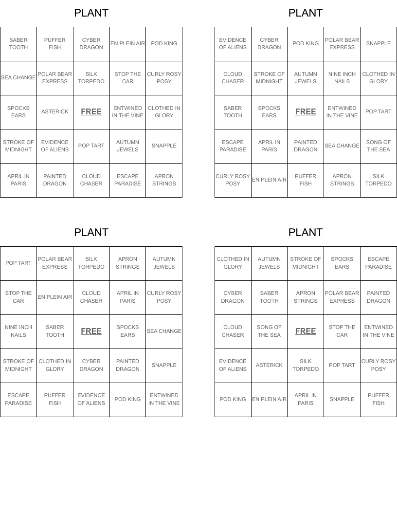 PLANT Bingo Cards