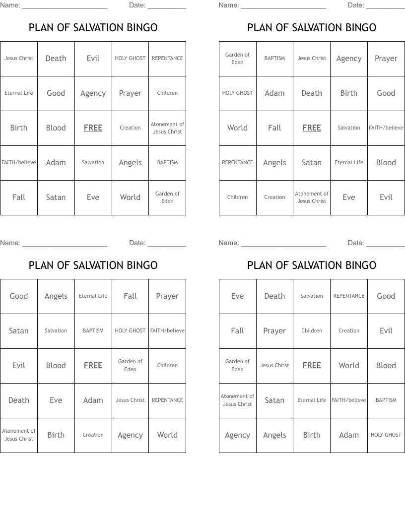 PLAN OF SALVATION BINGO