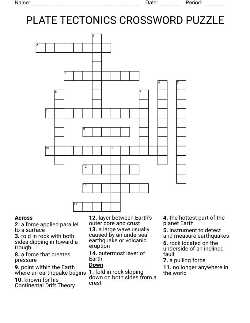 PLATE TECTONICS CROSSWORD PUZZLE