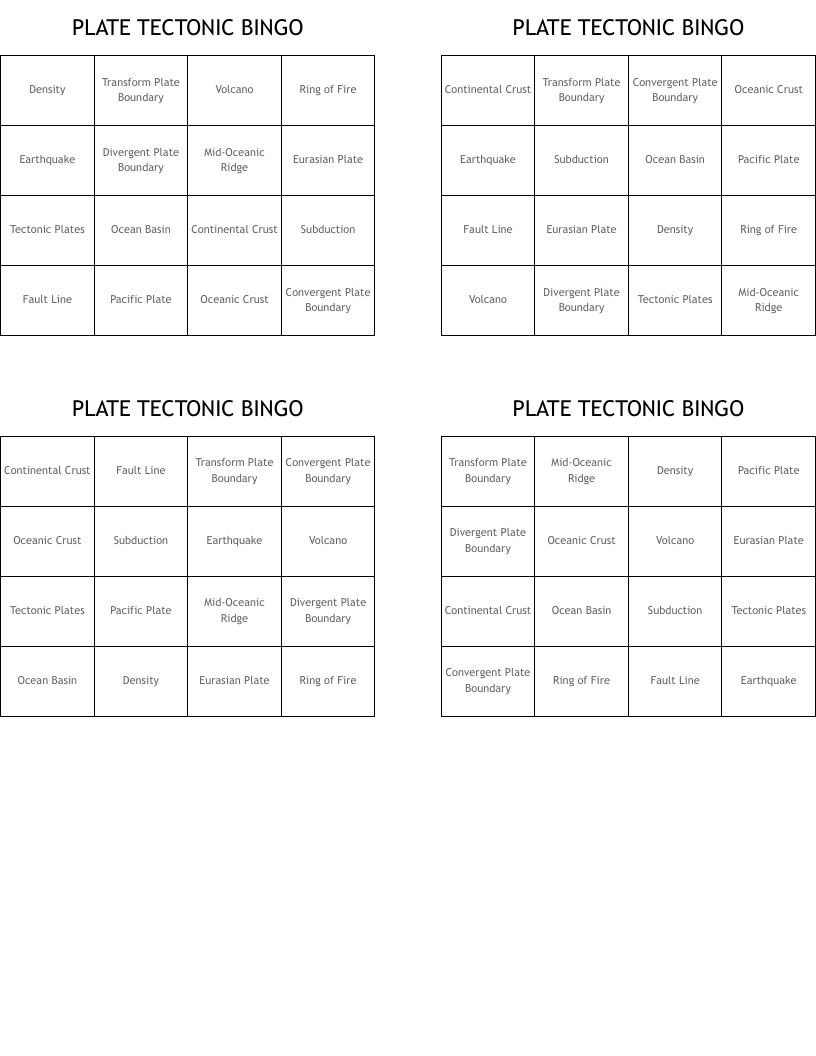PLATE TECTONIC BINGO
