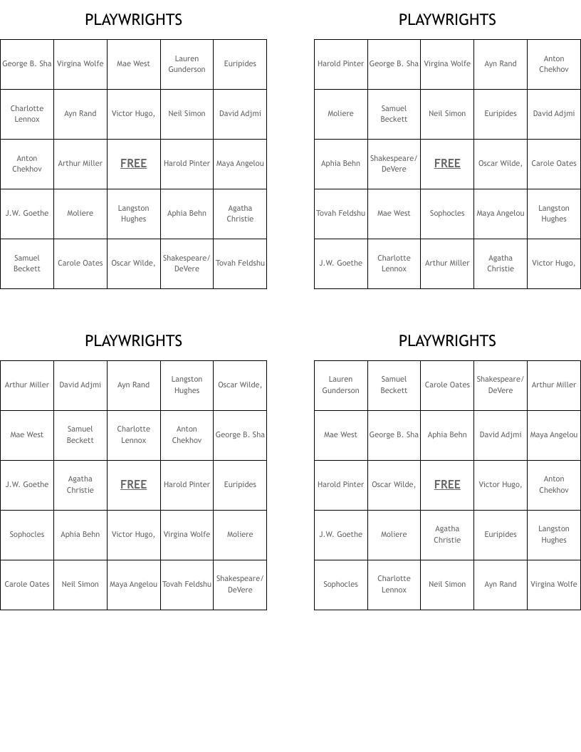PLAYWRIGHTS Bingo Cards