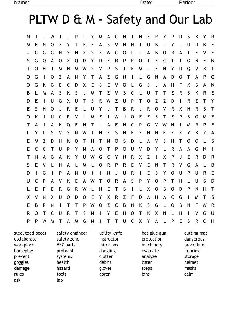 PLTW D & M  -  Safety and Our Lab Word Search