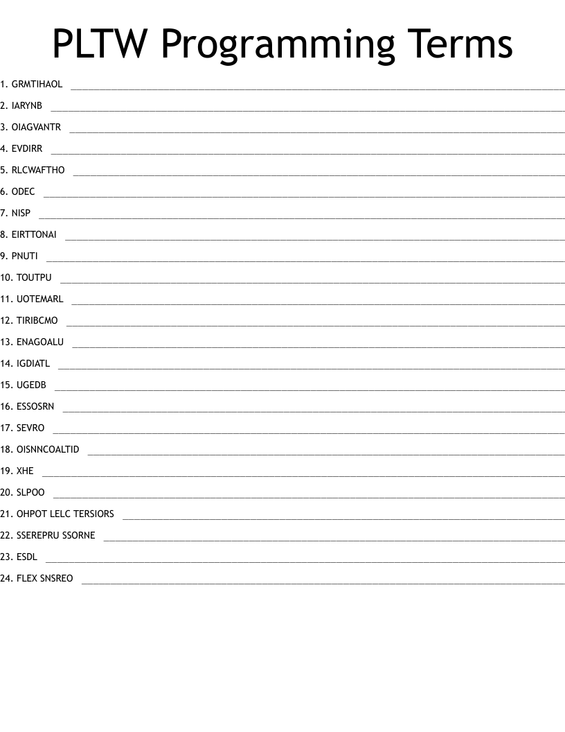 PLTW Programming Terms Word Scramble