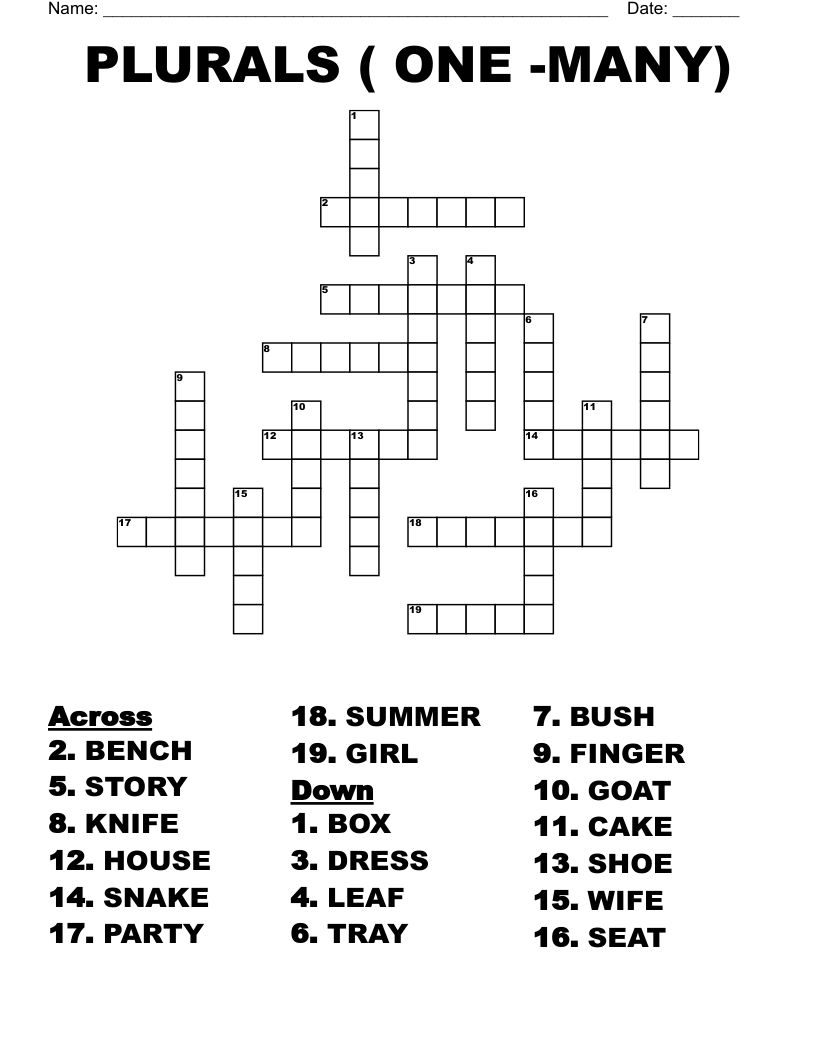 PLURALS ( ONE -MANY) Crossword