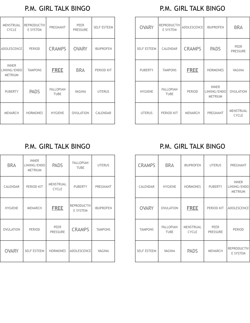 P.M. GIRL TALK BINGO 