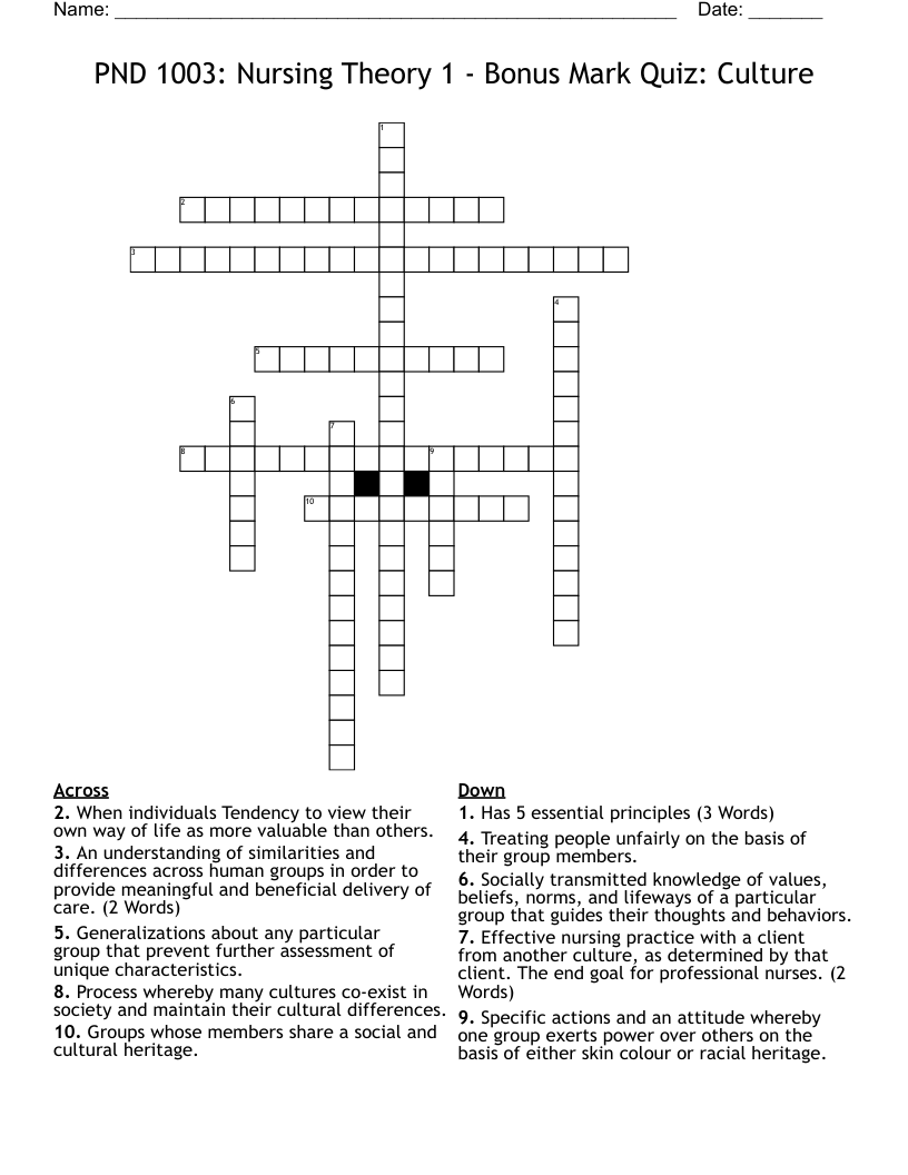 PND 1003: Nursing Theory 1 - Bonus Mark Quiz: Culture Crossword