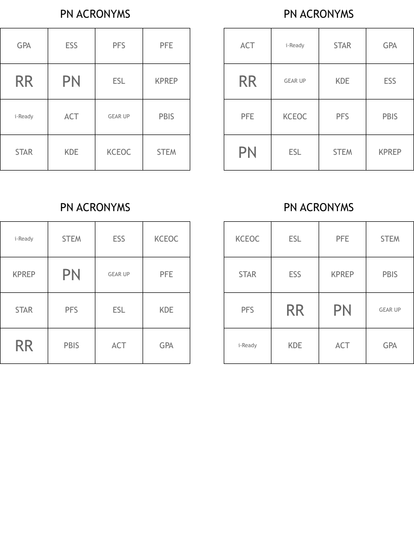 PN ACRONYMS Bingo Cards