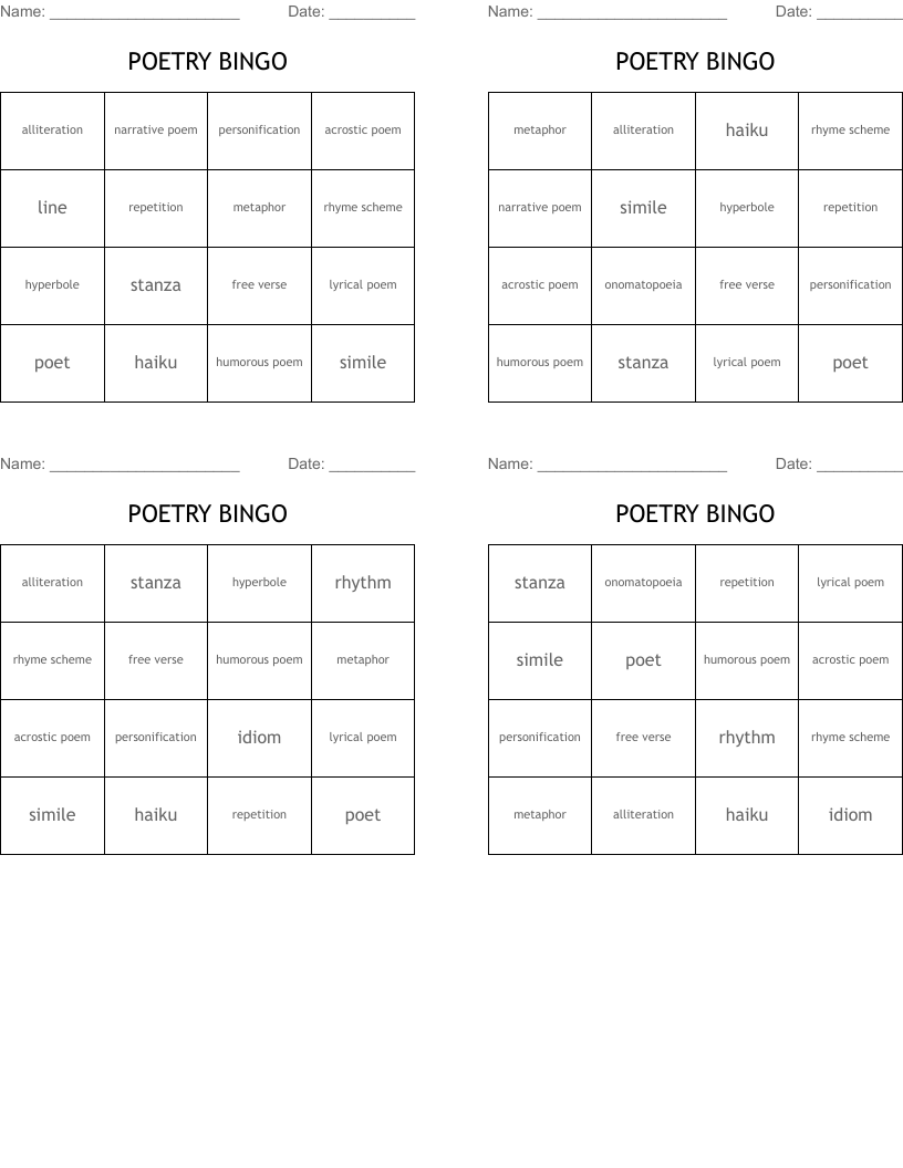 POETRY BINGO