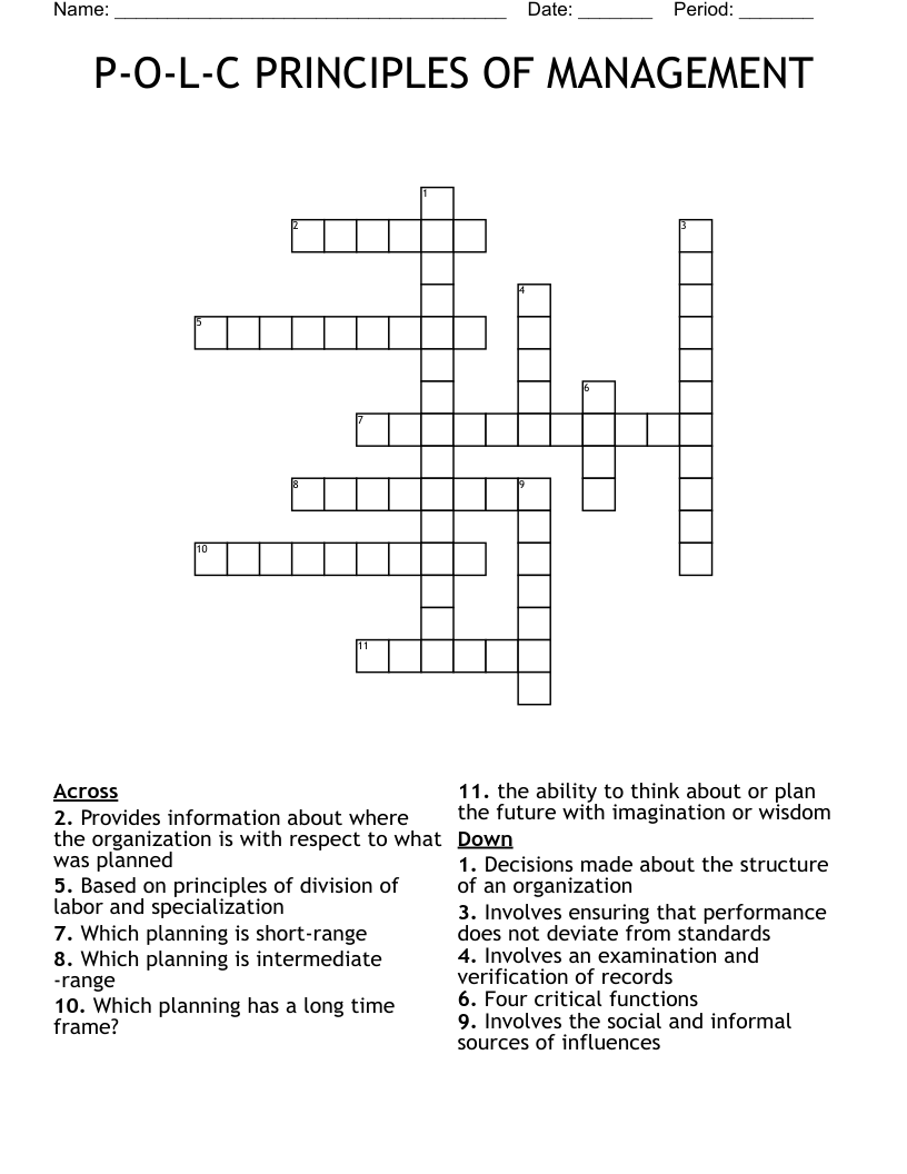 P-O-L-C PRINCIPLES OF MANAGEMENT Crossword
