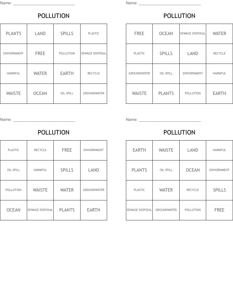 POLLUTION Bingo Cards