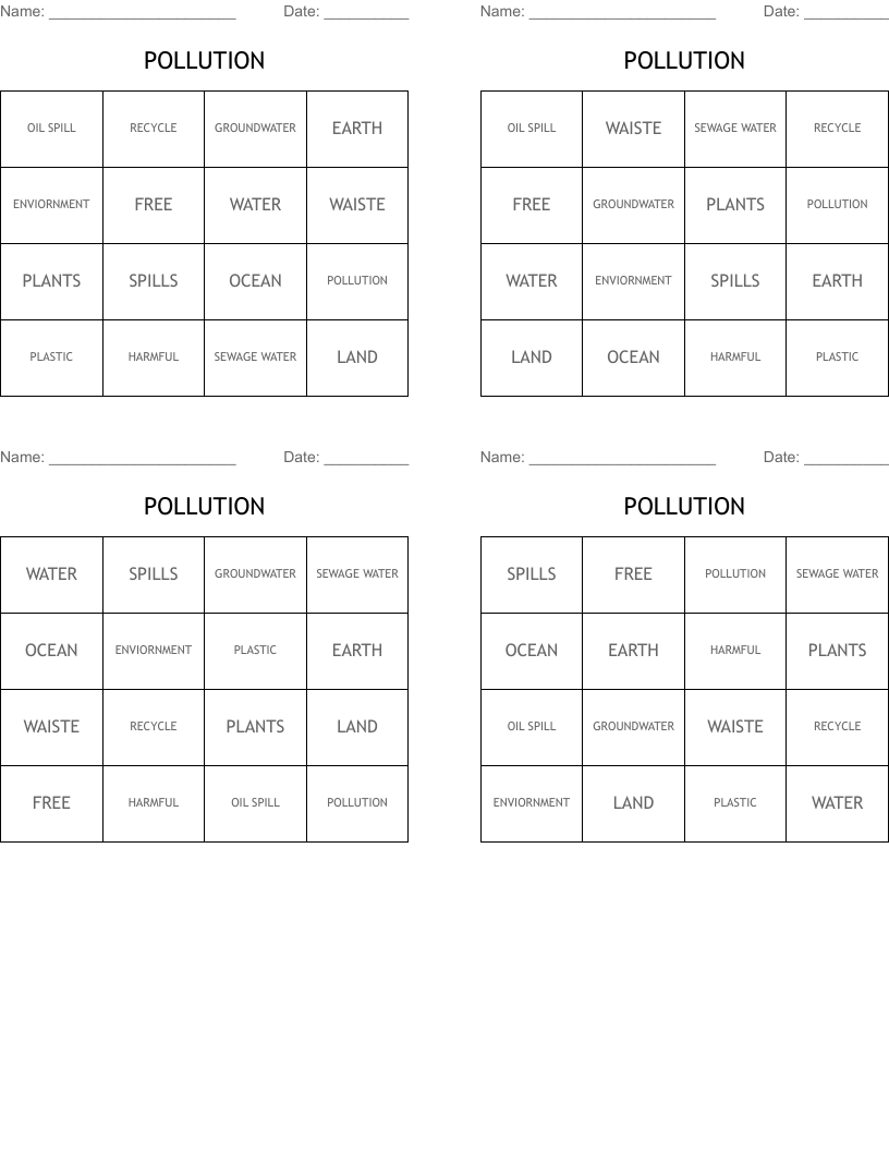 POLLUTION Bingo Cards