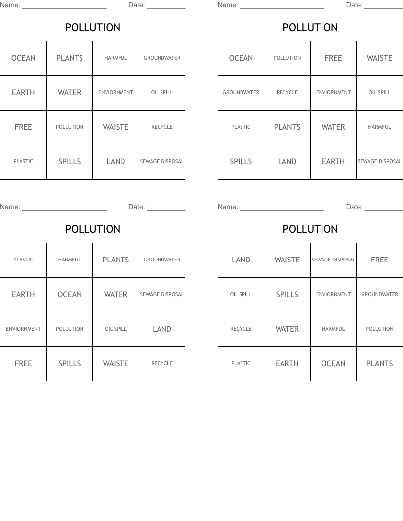 POLLUTION Bingo Cards