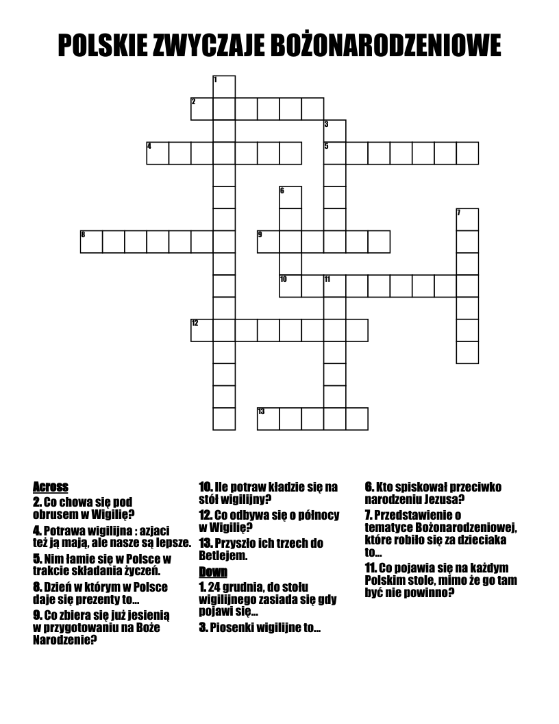 POLSKIE ZWYCZAJE BOŻONARODZENIOWE Crossword