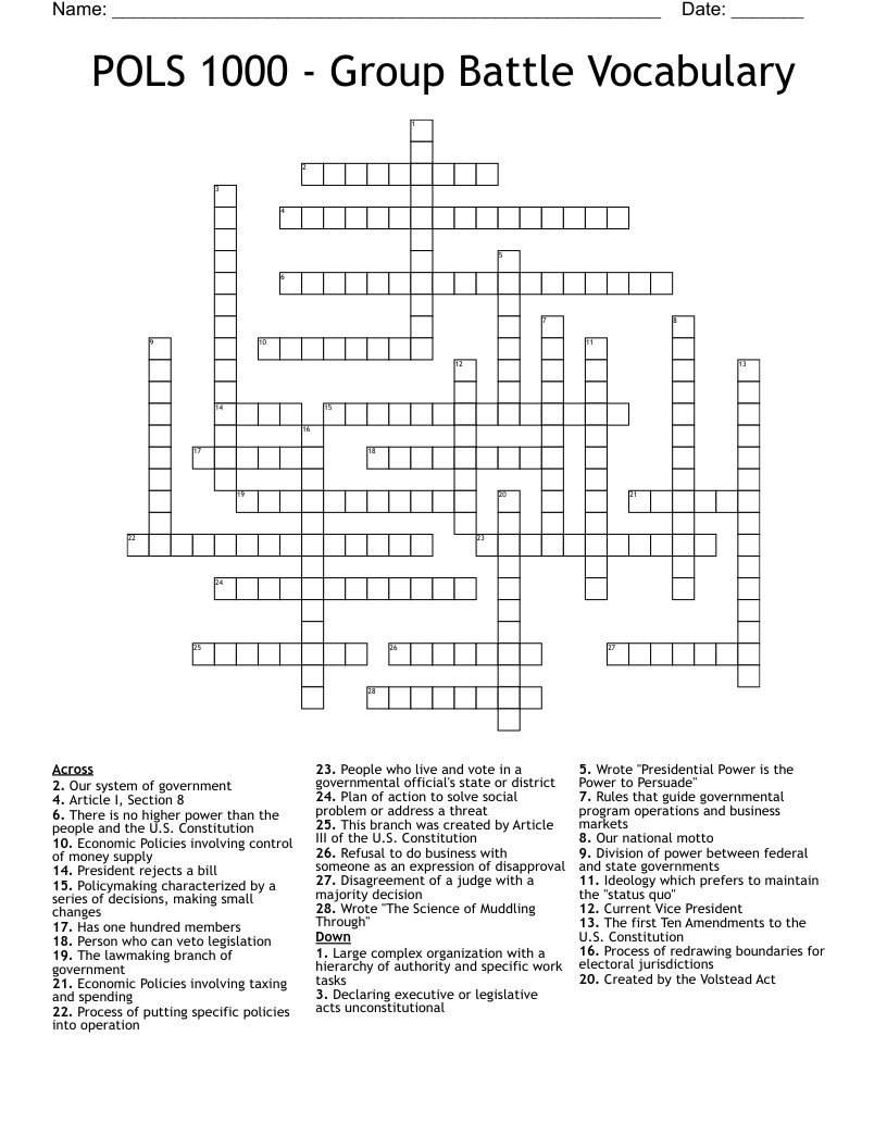 POLS 1000 - Group Battle Vocabulary Crossword