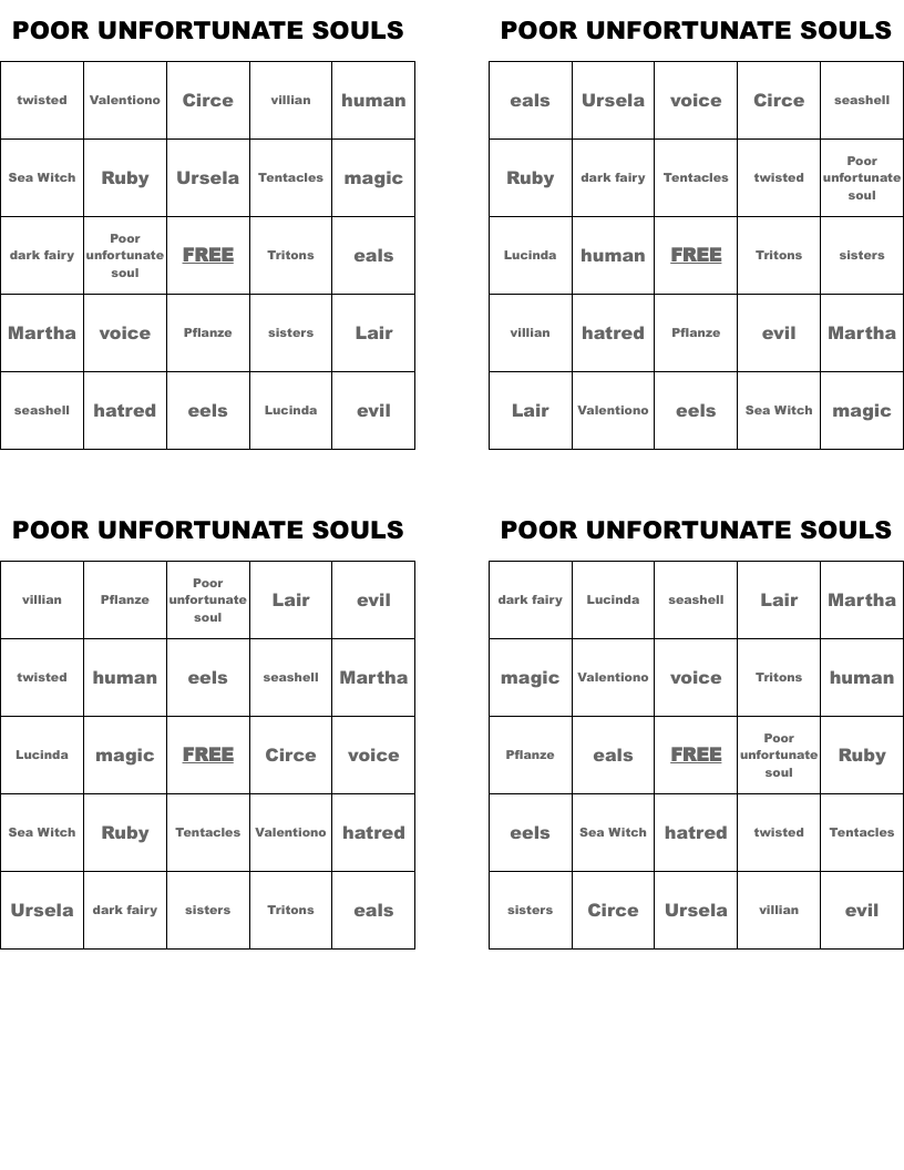 POOR UNFORTUNATE SOULS  Bingo Cards