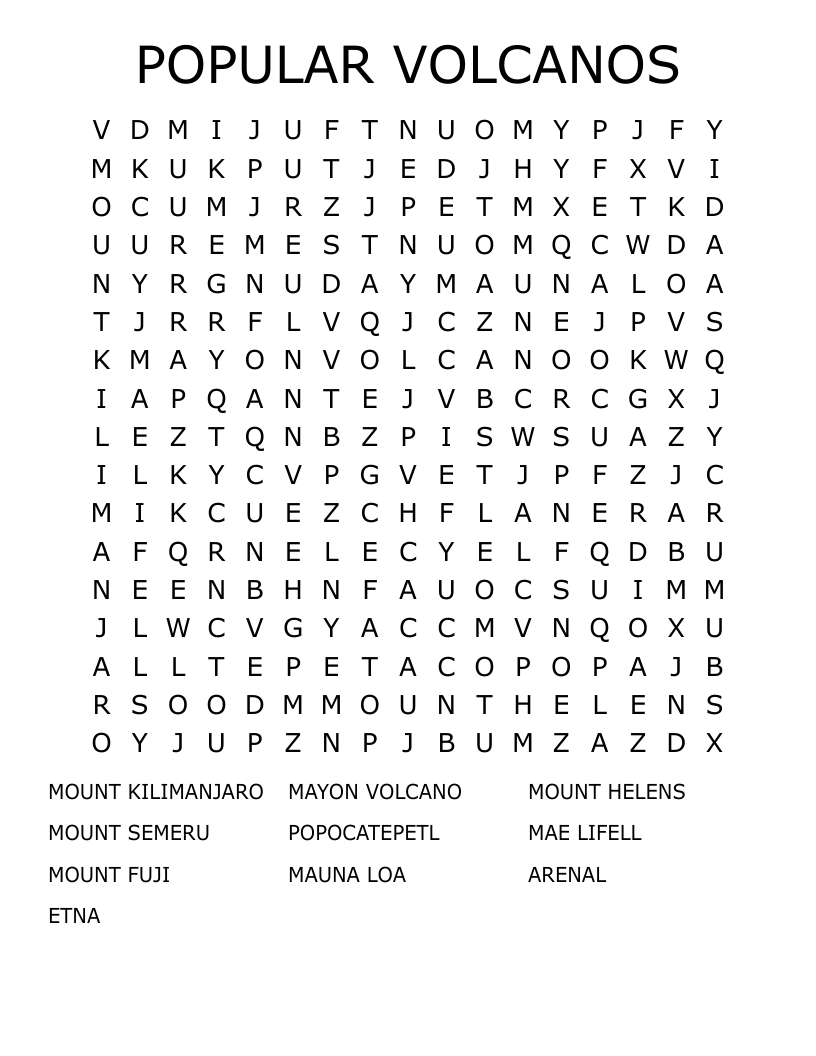 POPULAR VOLCANOS Word Search