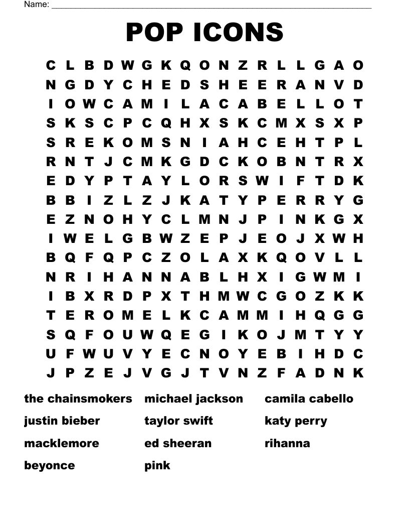 POP ICONS Word Search