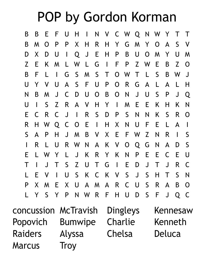 POP by Gordon Korman Word Search