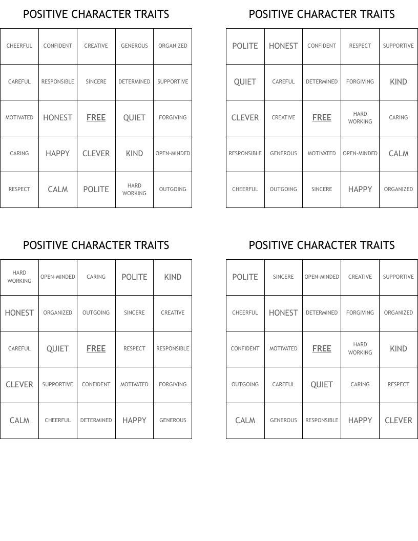 POSITIVE CHARACTER TRAITS Bingo Cards