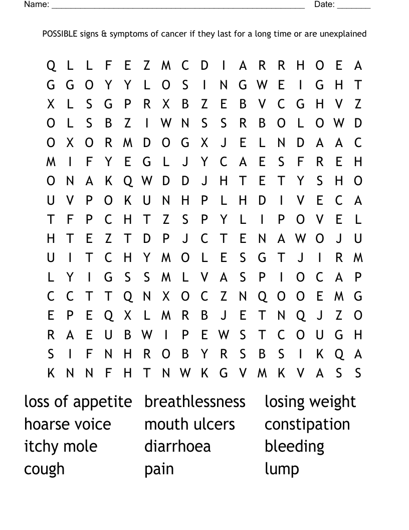 POSSIBLE signs & symptoms of cancer if they last for a long time or are unexplained Word Search
