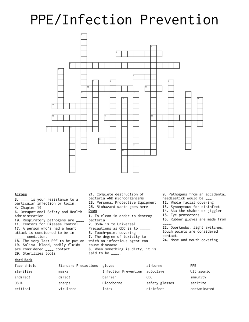 PPE/Infection Prevention Crossword