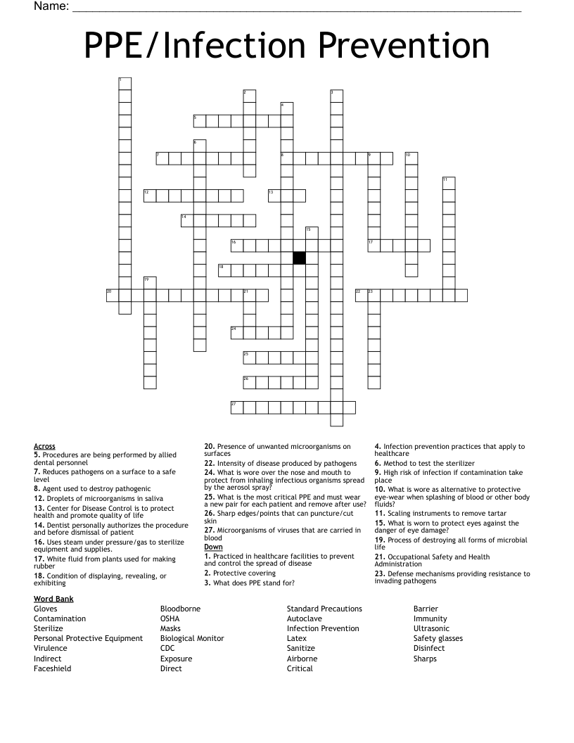 PPE/Infection Prevention Crossword
