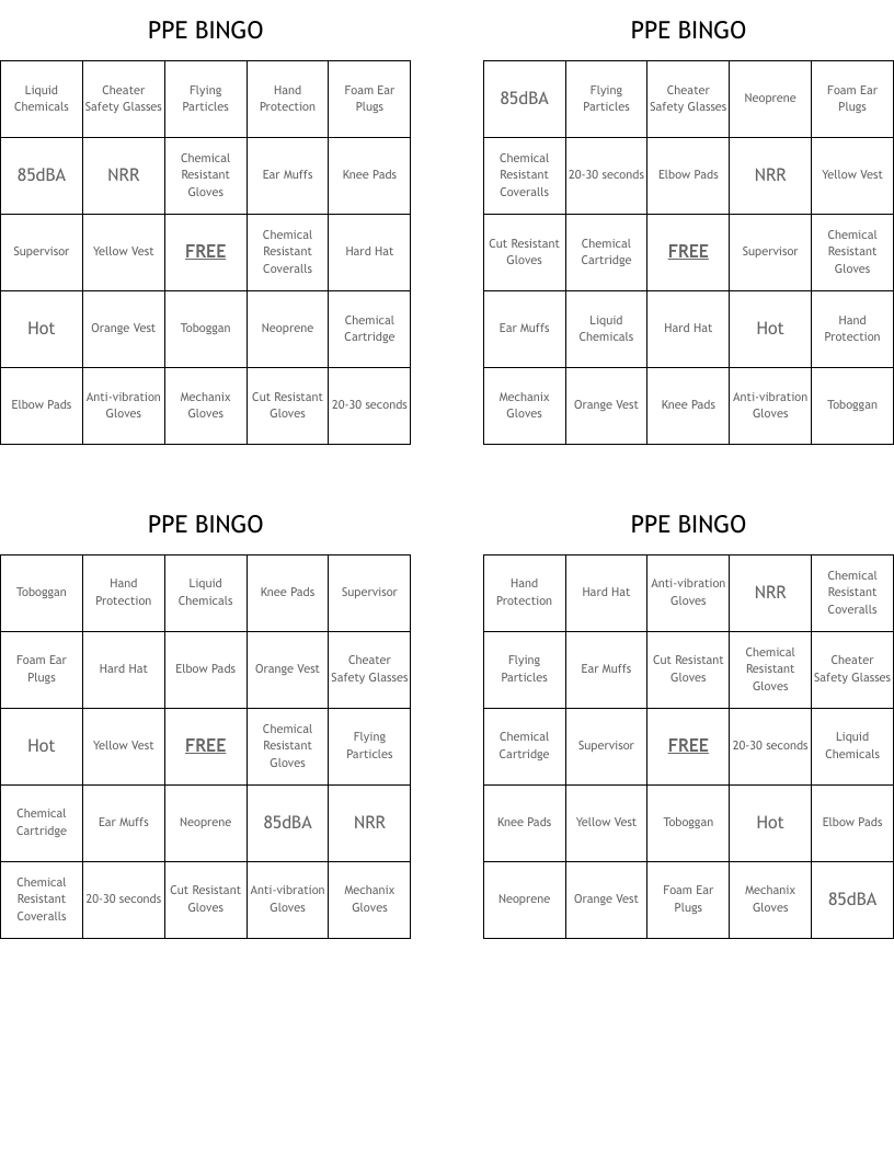 PPE BINGO 