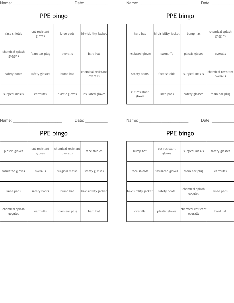 PPE bingo