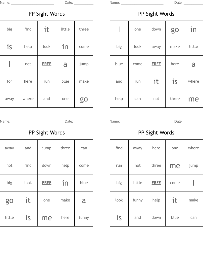 PP Sight Words Bingo Cards