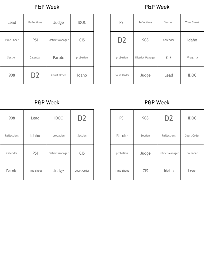 P&P Week Bingo Cards