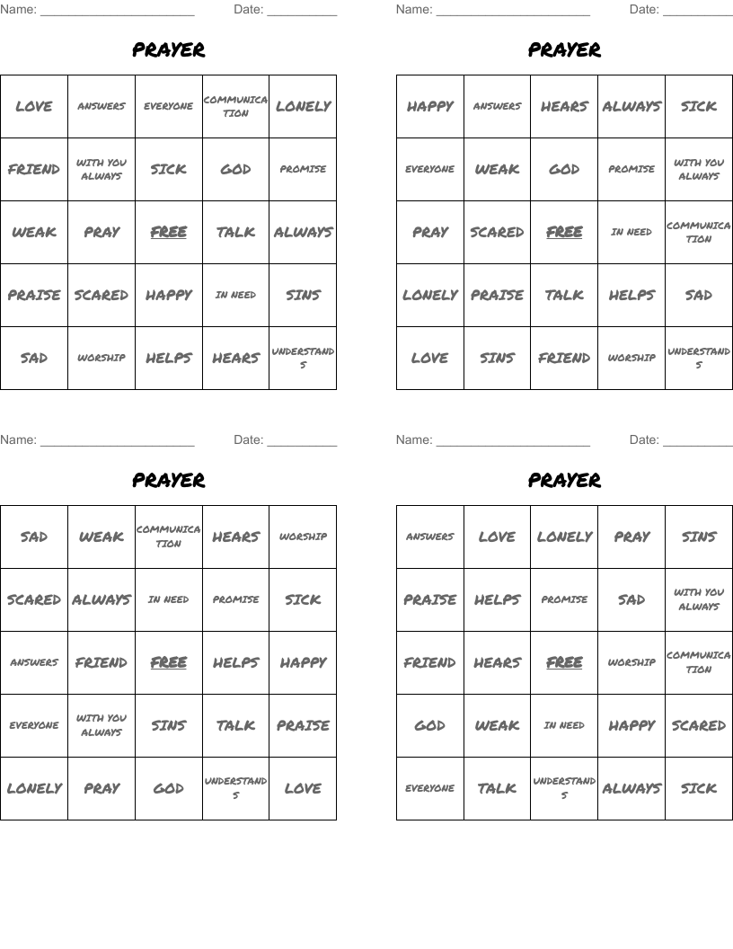 PRAYER Bingo Cards
