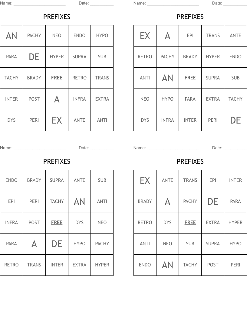 PREFIXES Bingo Cards
