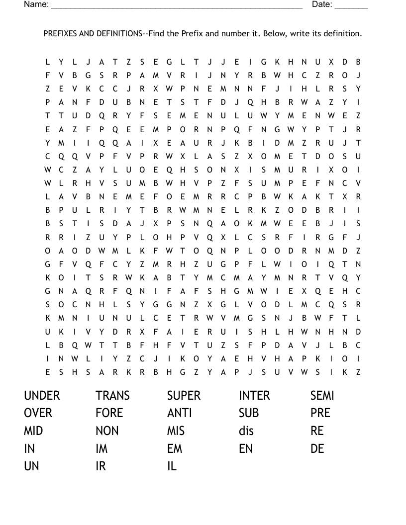 PREFIXES AND DEFINITIONS--Find the Prefix and number it.  Below, write its definition. Word Search