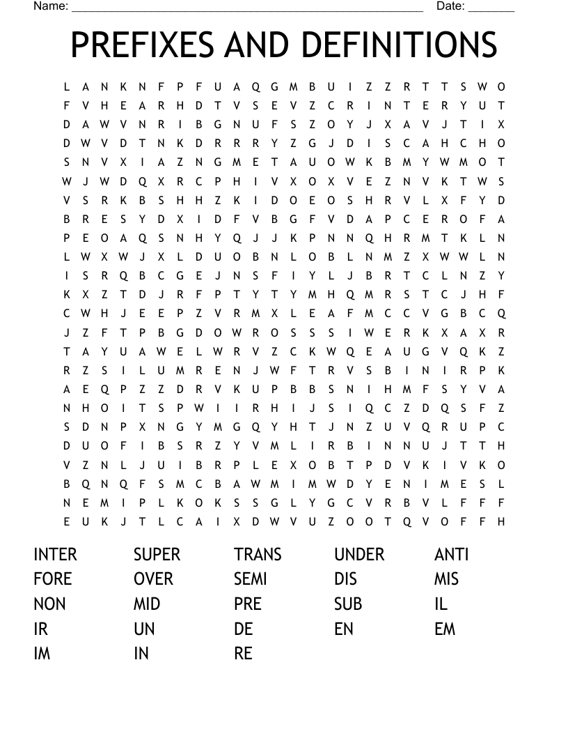PREFIXES AND DEFINITIONS Word Search