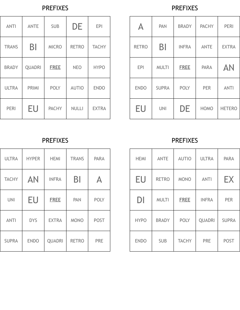 PREFIXES  Bingo Cards