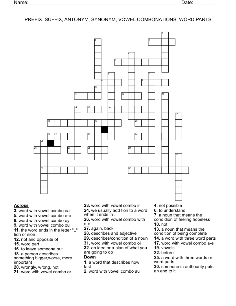 PREFIX ,SUFFIX, ANTONYM, SYNONYM, VOWEL COMBONATIONS, WORD PARTS Crossword