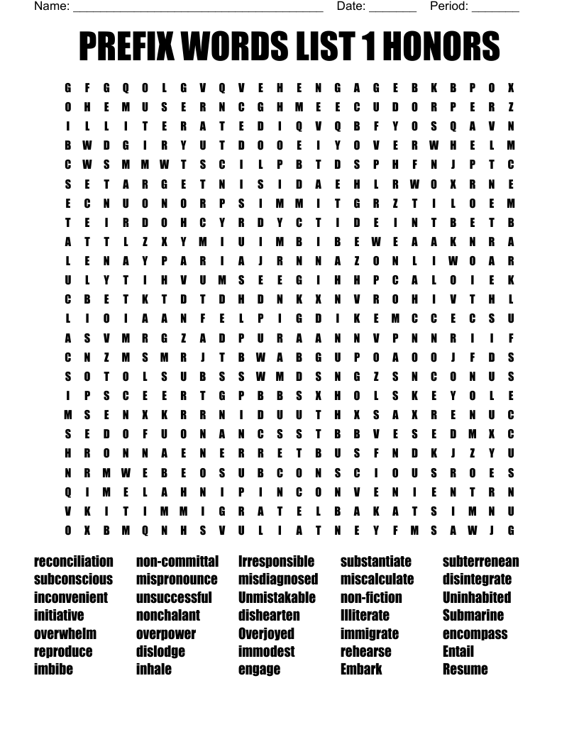 PREFIX WORDS LIST 1 HONORS Word Search