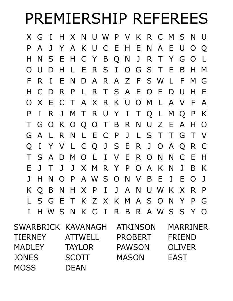 PREMIERSHIP REFEREES Word Search