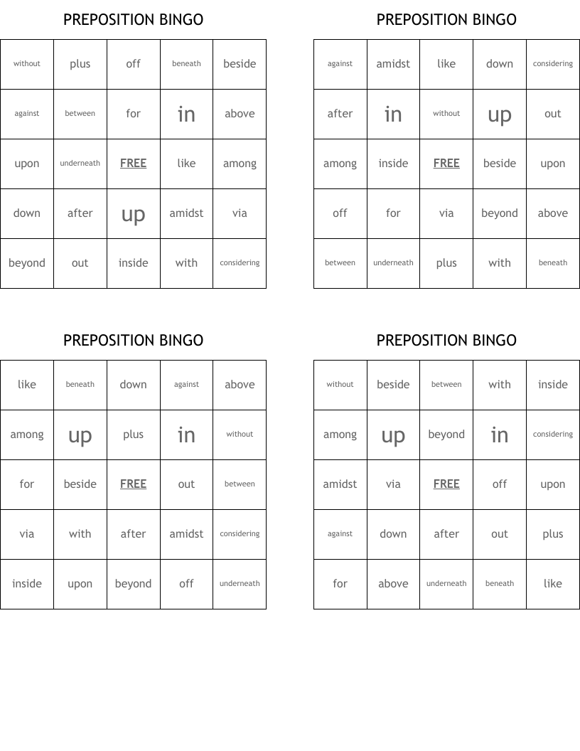 PREPOSITION BINGO