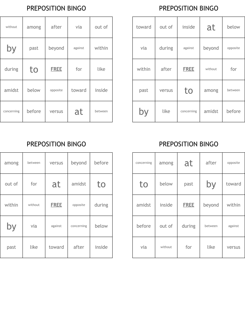 PREPOSITION BINGO