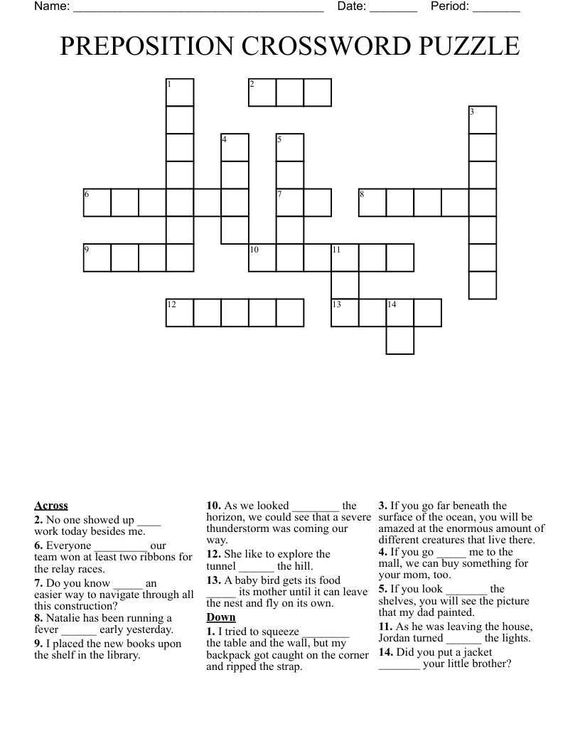 PREPOSITION CROSSWORD PUZZLE