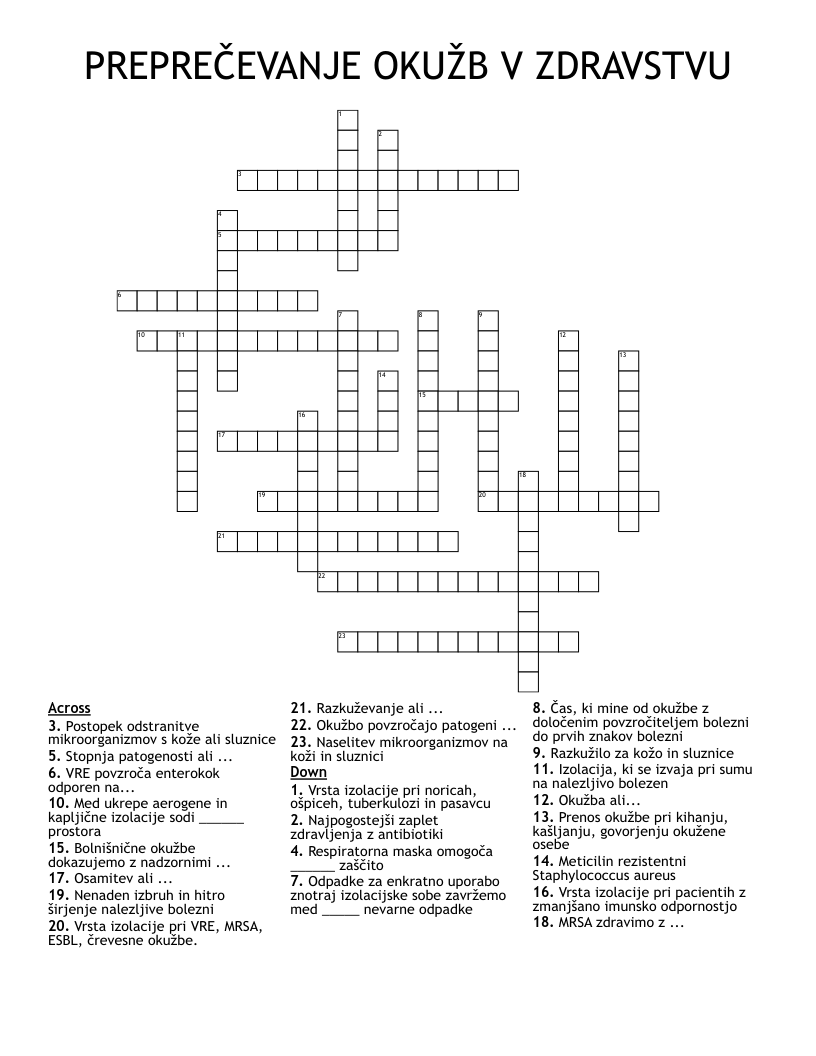 PREPREČEVANJE OKUŽB V ZDRAVSTVU Crossword