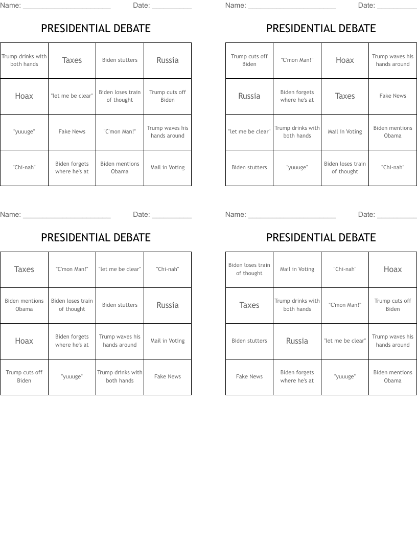 PRESIDENTIAL DEBATE Bingo Cards