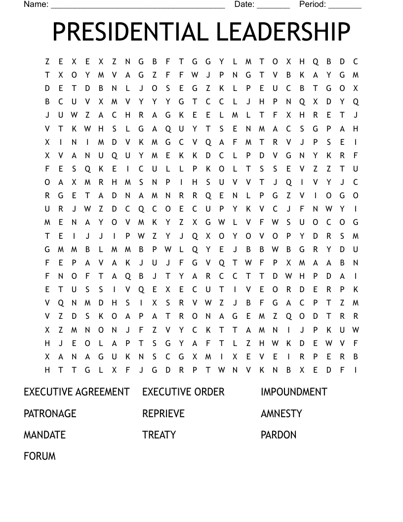 PRESIDENTIAL LEADERSHIP Word Search