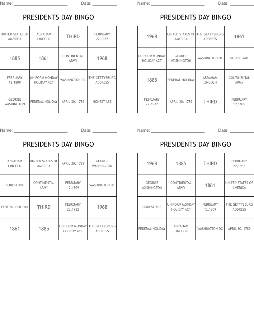 PRESIDENTS DAY BINGO