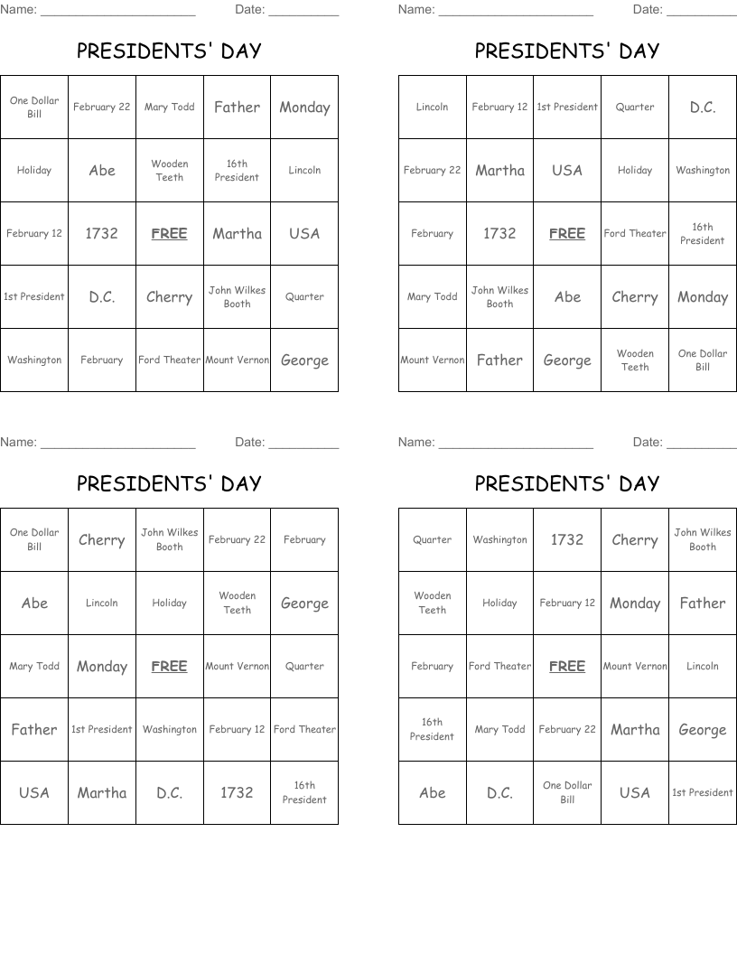 PRESIDENTS'  DAY Bingo Cards