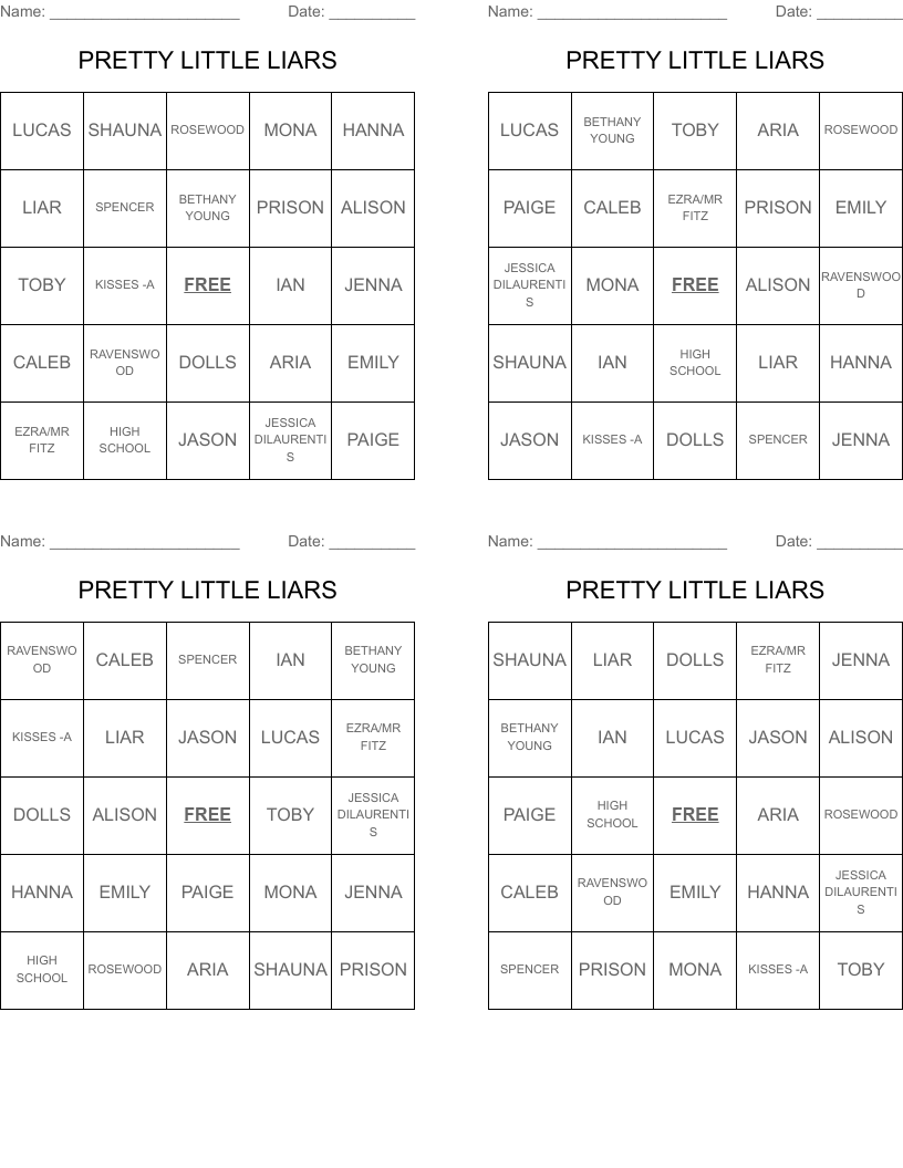 PRETTY LITTLE LIARS Bingo Cards