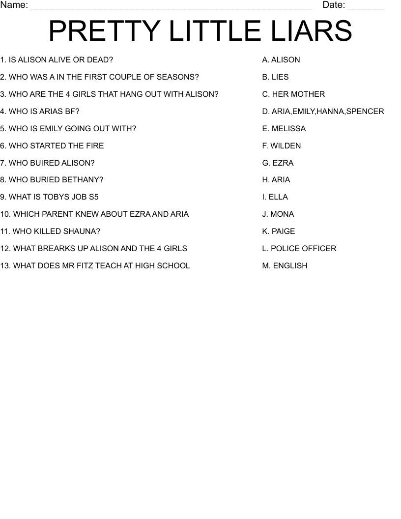 PRETTY LITTLE LIARS Worksheet