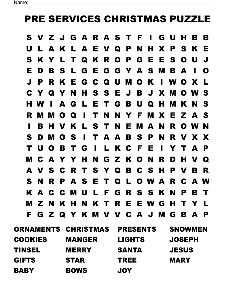 PRE SERVICES CHRISTMAS PUZZLE Word Search